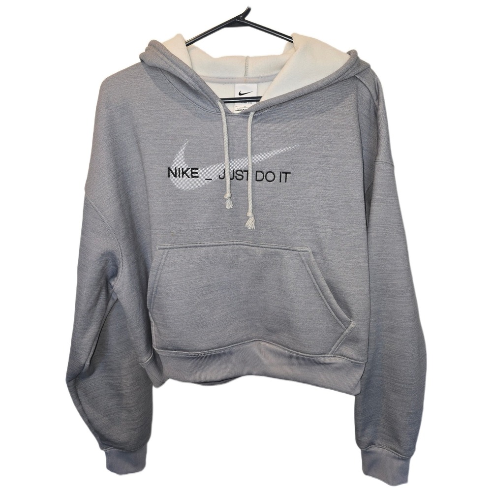 Nike Therma-FIT Cropped Hoodie Grey Just Do‎ It Graphic Pullover Sweatshirt L